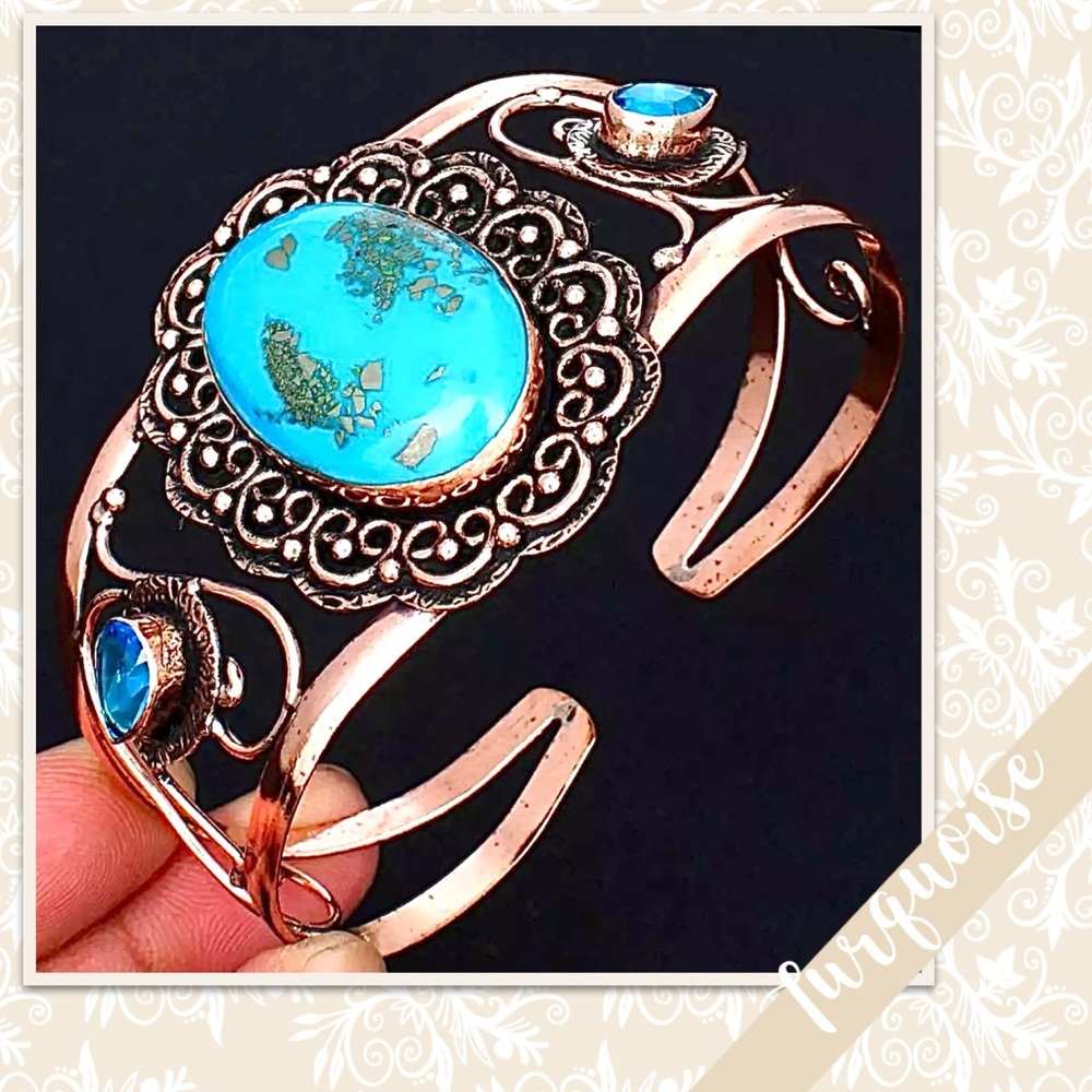 Persian Turquoise, Blue Topaz Copper Artisan Bangle Cuff Bracelet, Adjustable